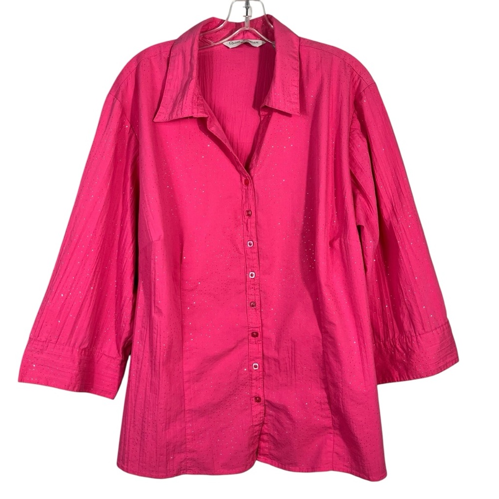 Quizz Woman Hot Pink Metallic Pattern Full Button Collared 3/4 Sleeve Blouse 22